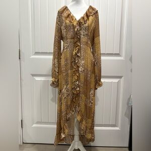 Beyond The Radar Long Sleeve Floral Chiffon Kimono in Brown and Gold Size L